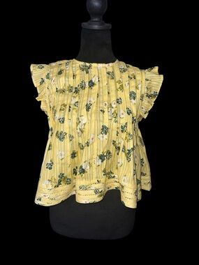 Anthropologie Yellow Floral Pintuck Ruffle Sleeve Blouse